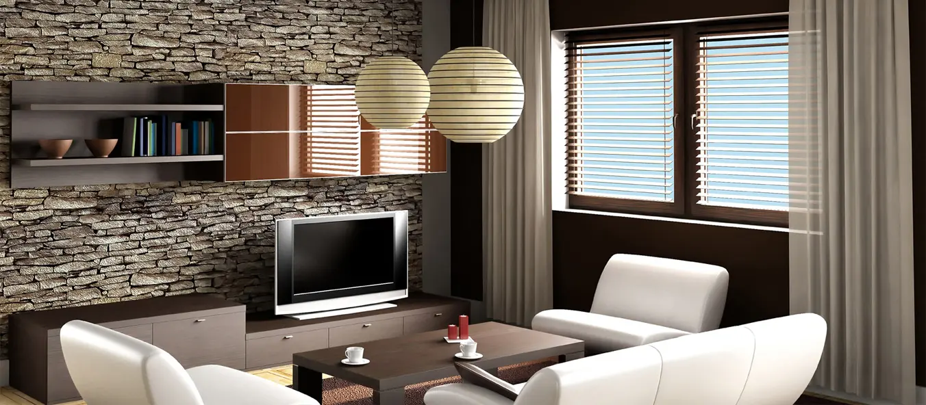 Persianas horizontales y cortinas en un salón contemporáneo