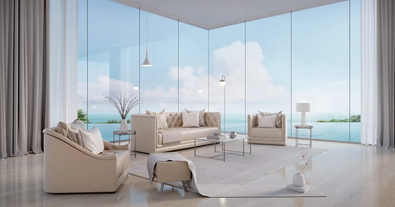Cortinas ligeras de suelo a techo enmarcando la vista al mar en un salón moderno