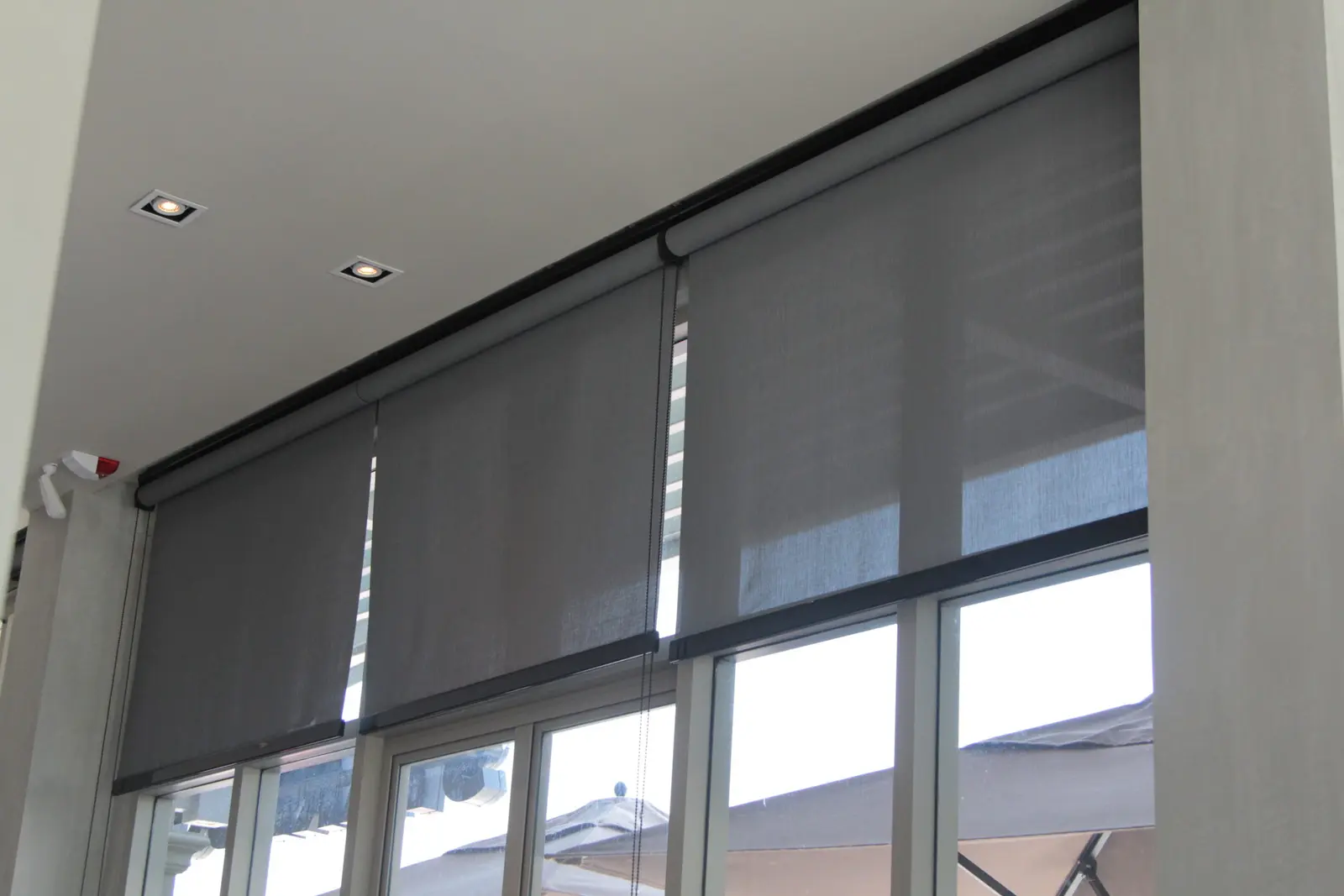 Estores screen grises filtrando la luz en una pared de grandes ventanales